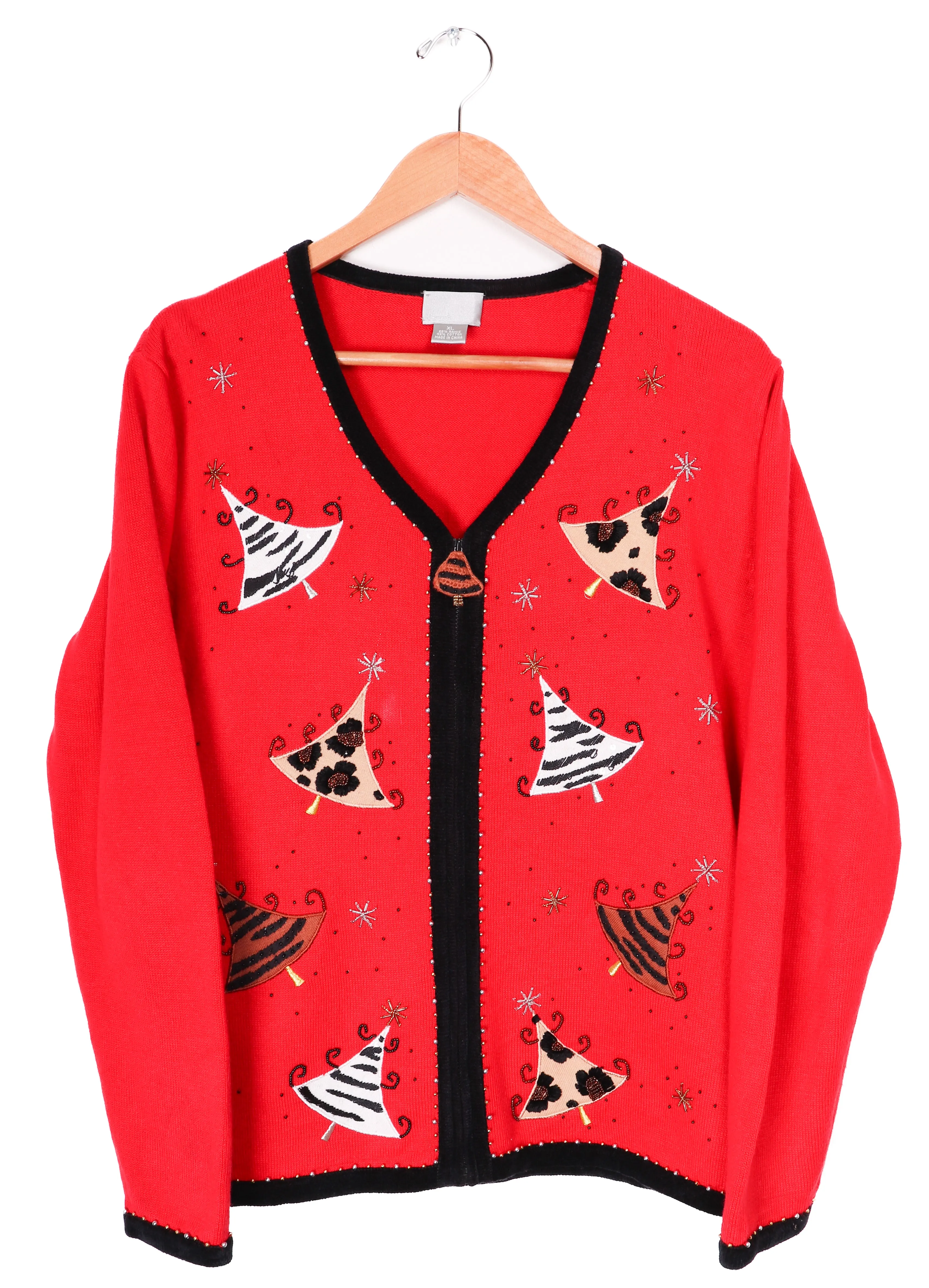 Berek Funky Printed Trees Holiday Zip-Up Sweater