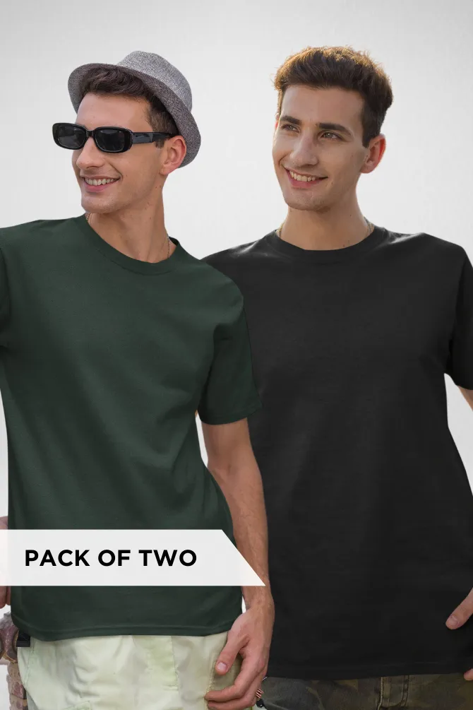 Black and Bottle Green Plain T-shirts Combo for Men