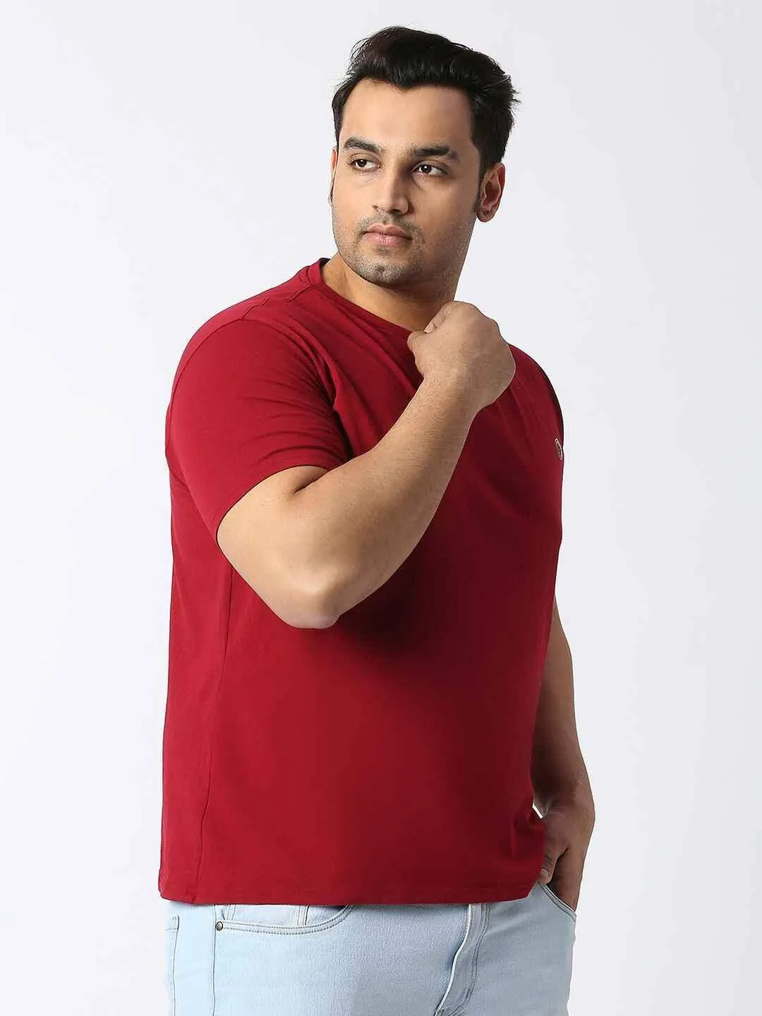 Carmine Red Round Neck Cotton Lycra Tshirt Plus Size