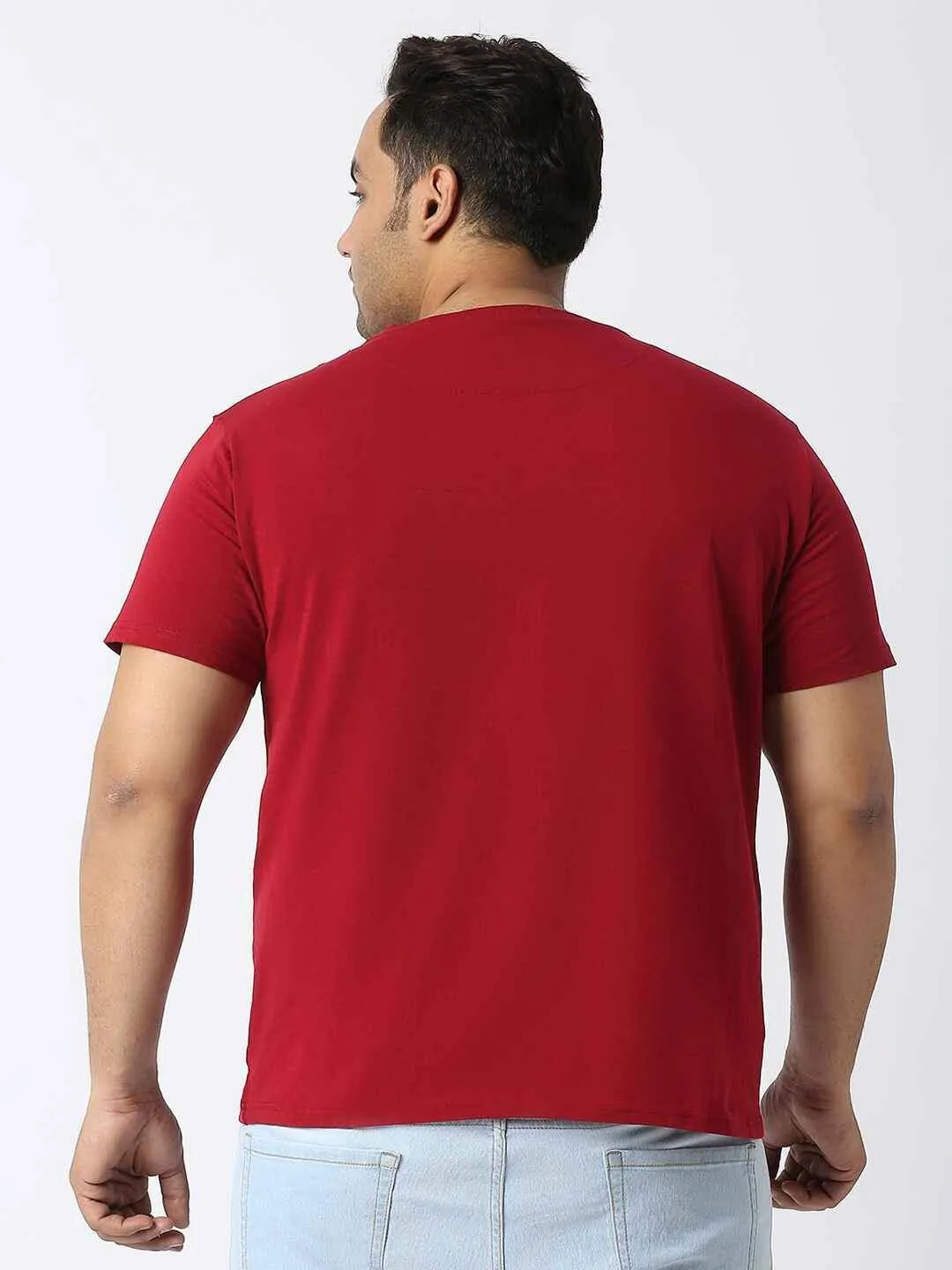 Carmine Red Round Neck Cotton Lycra Tshirt Plus Size