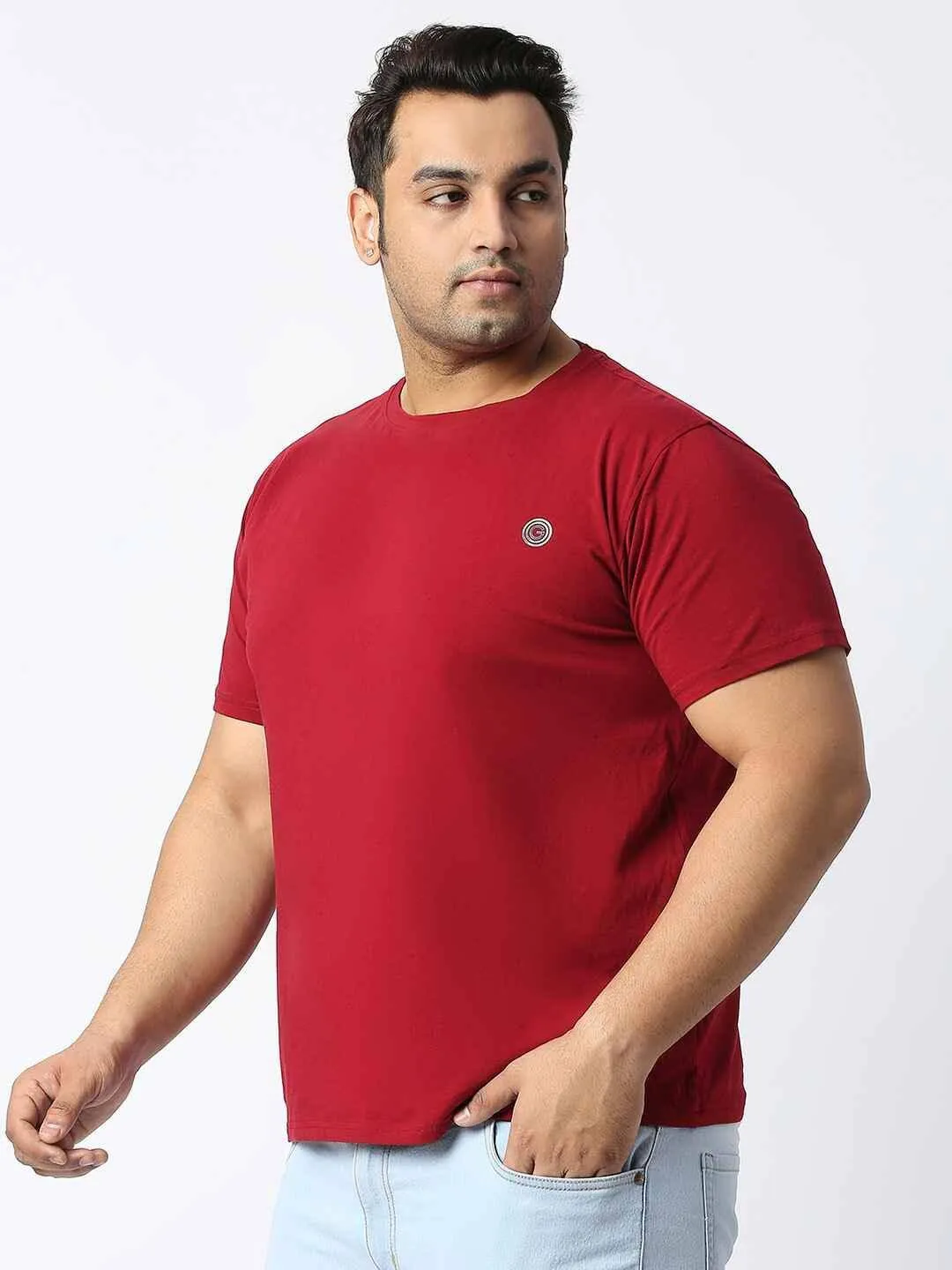 Carmine Red Round Neck Cotton Lycra Tshirt Plus Size