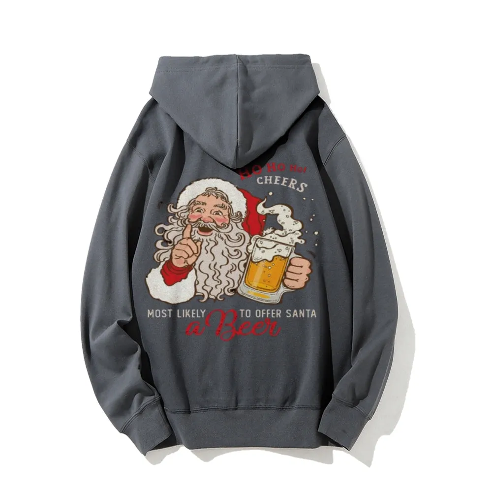 Christmas Santa Claus With Beer Graphic Pullover With Kangaroo Pocket Hoodies