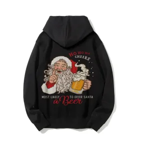 Christmas Santa Claus With Beer Graphic Pullover With Kangaroo Pocket Hoodies