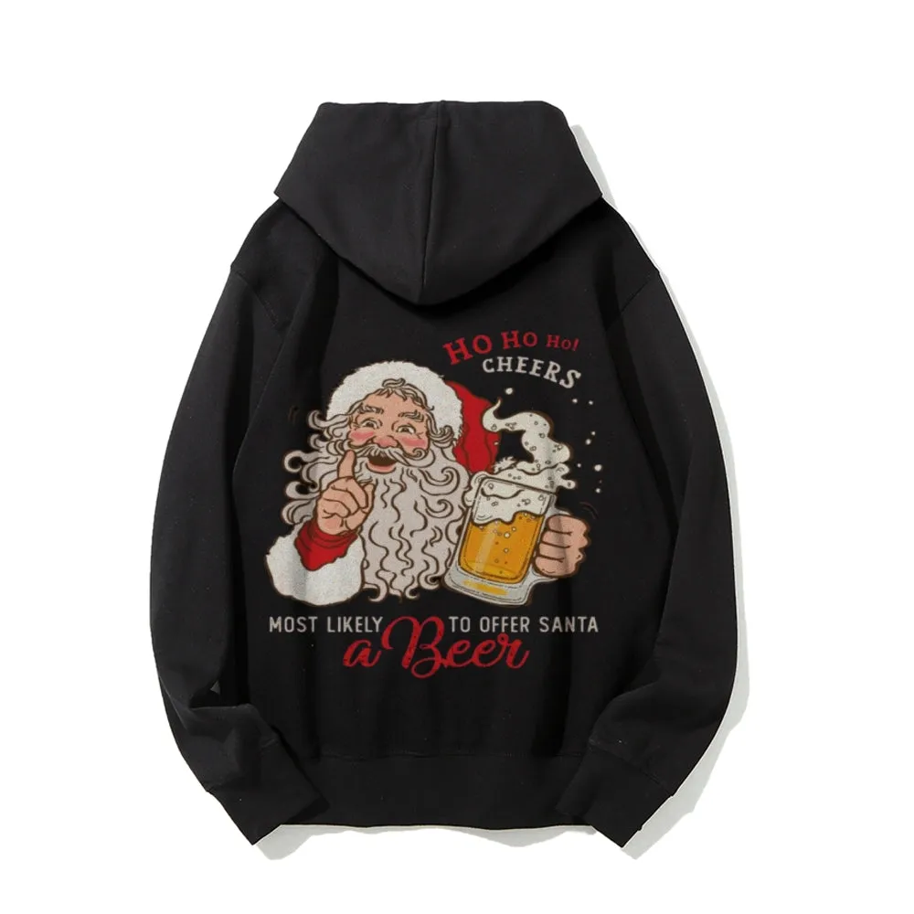 Christmas Santa Claus With Beer Graphic Pullover With Kangaroo Pocket Hoodies