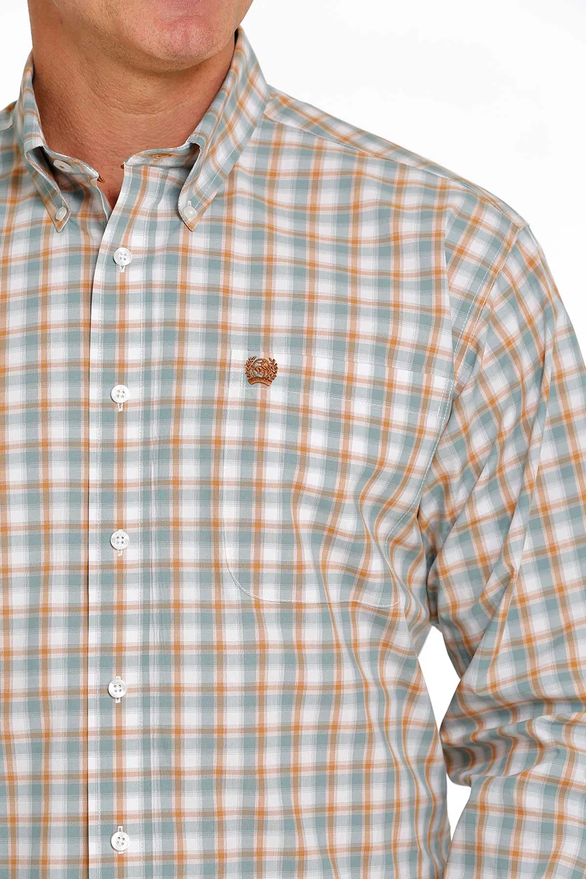 Cinch Men's White/Teal/Brown Plaid Classic Fit Long Sleeve Button Down Shirt MTW1105467