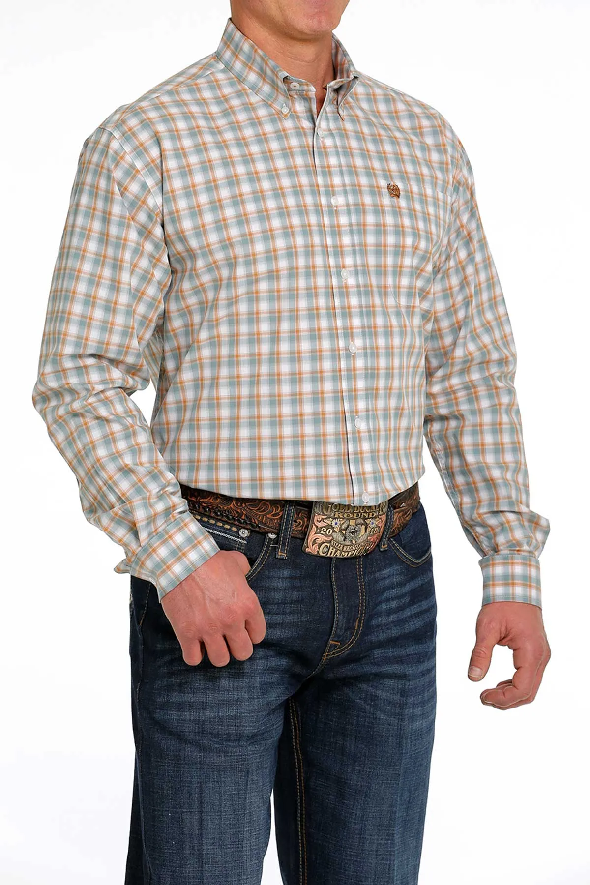 Cinch Men's White/Teal/Brown Plaid Classic Fit Long Sleeve Button Down Shirt MTW1105467