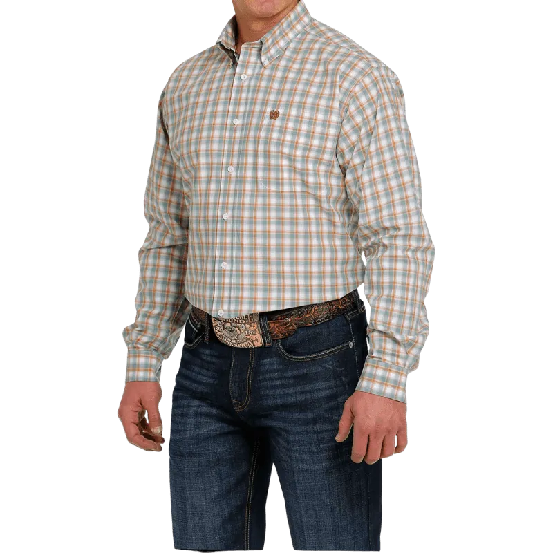 Cinch Men's White/Teal/Brown Plaid Classic Fit Long Sleeve Button Down Shirt MTW1105467