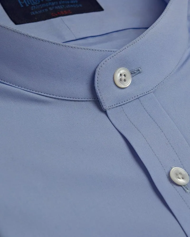 Classic Fit, Collarless, 2 Button Cuff Shirt in a Plain Sky Blue Poplin Cotton