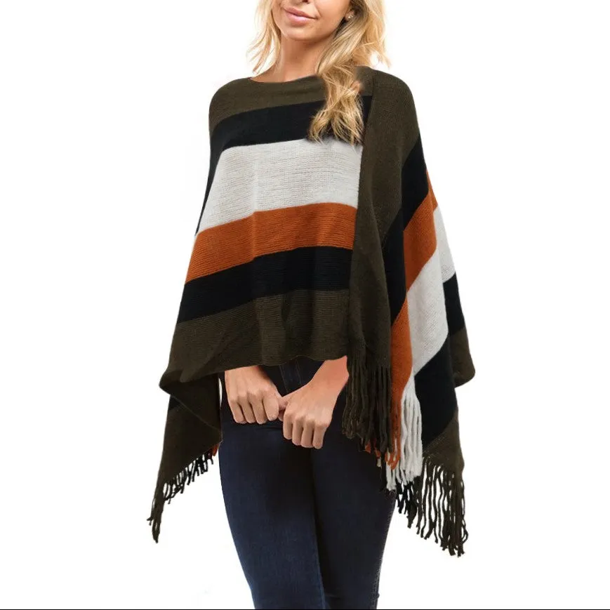 Cloak Tassel Stripe Round Neck Sweaters