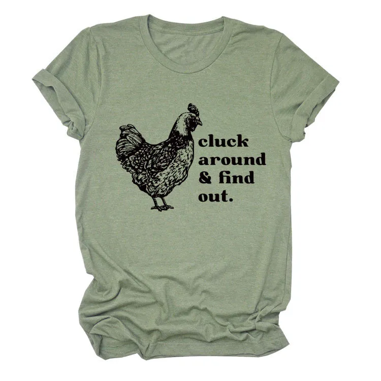 Cluck Around and Find Out Alphabet Cock Print Crew Neck Short Sleeve T-shirt Women