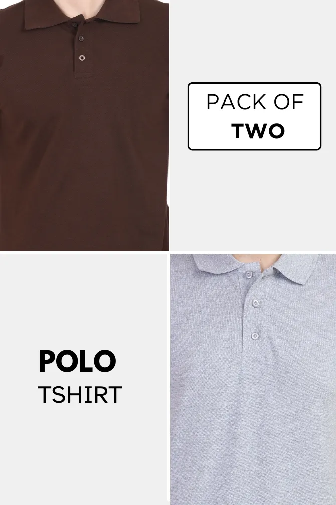 Coffee Brown and Grey Melange Polo T-Shirts Combo for Men