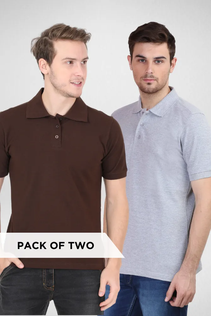 Coffee Brown and Grey Melange Polo T-Shirts Combo for Men