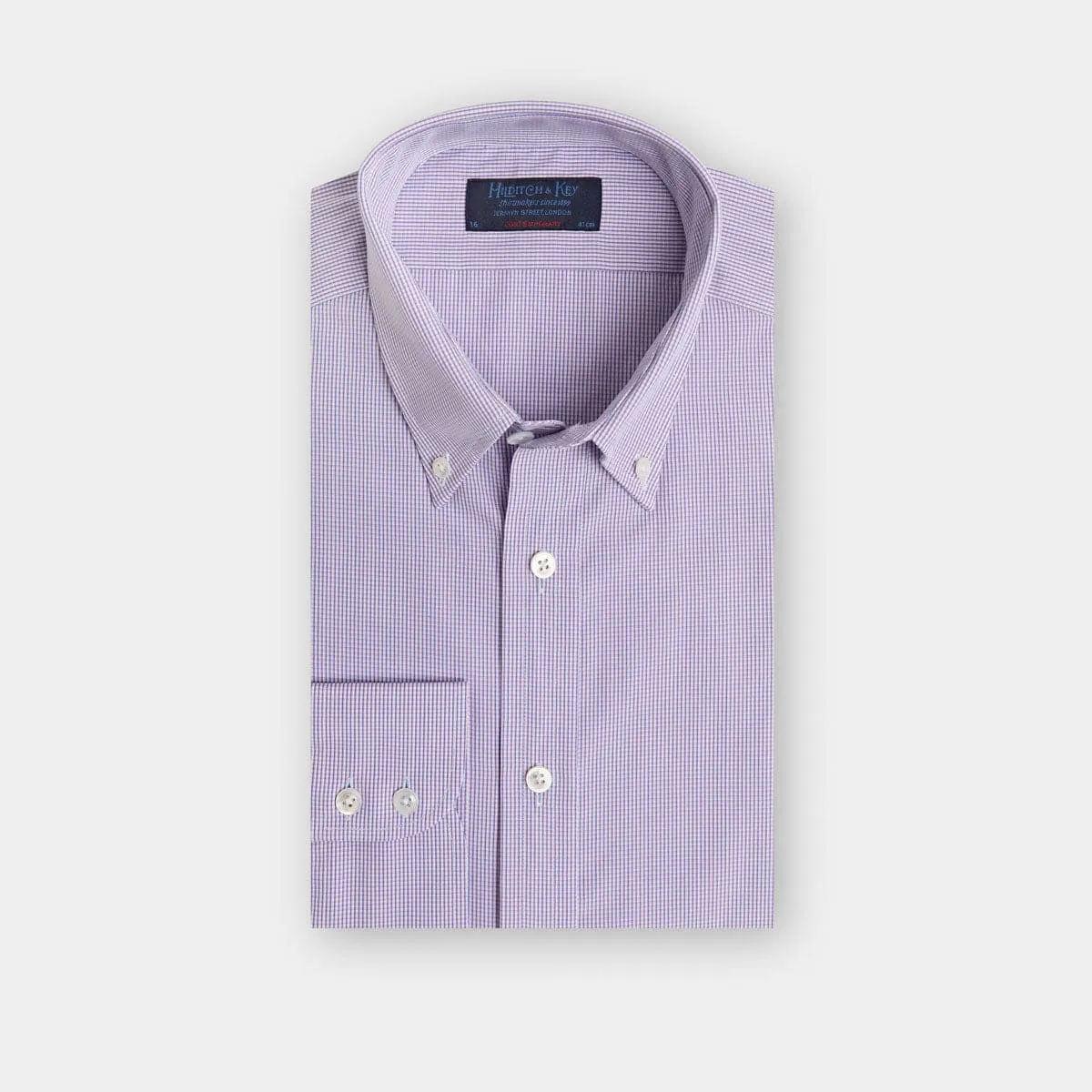 Contemporary Fit, Button Down Collar, 2 Button Cuff Shirt In Neat Lilac Check