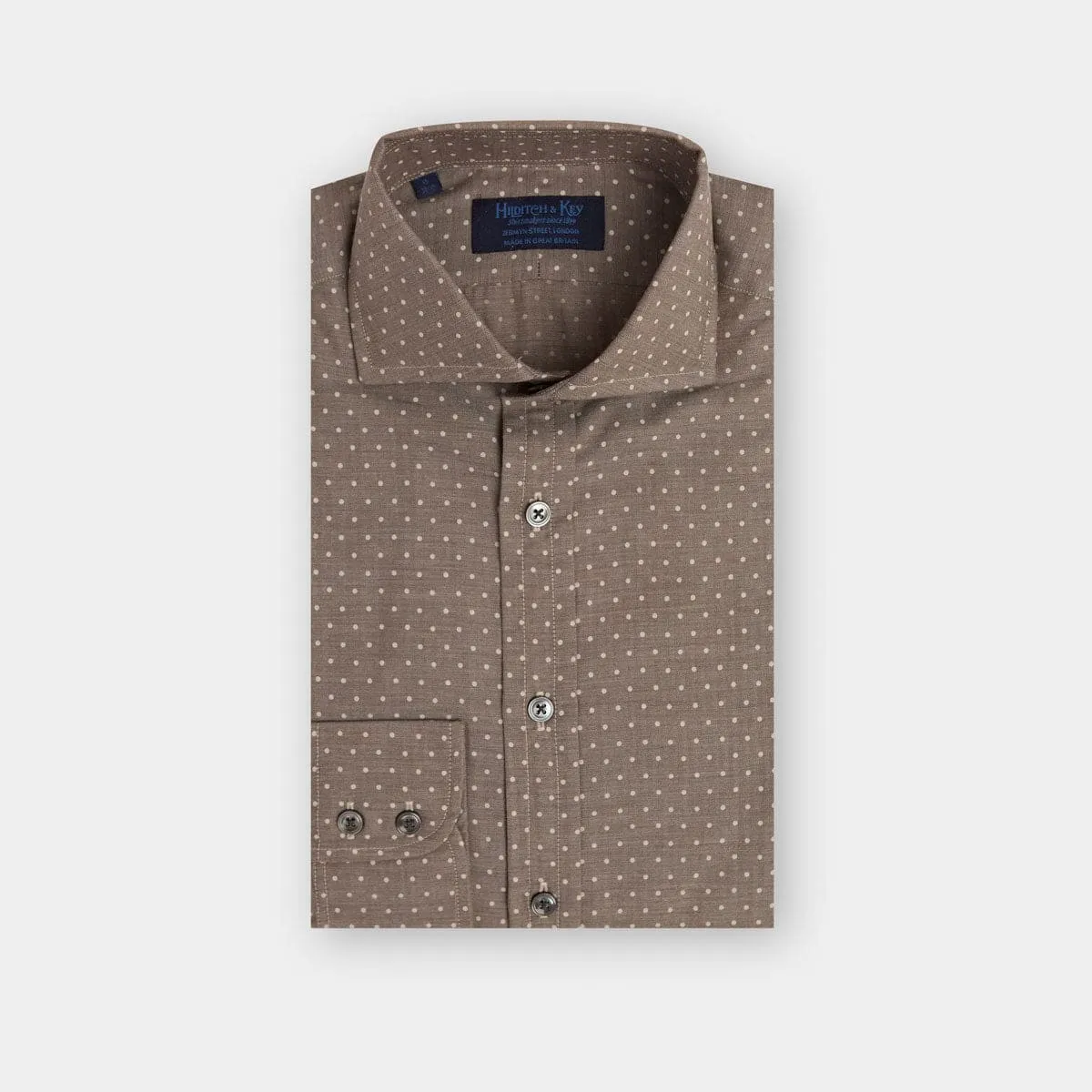 Contemporary Fit, Cut-away Collar, 2 Button Cuff Shirt in a Brown & Beige Spot Herringbone Cotton