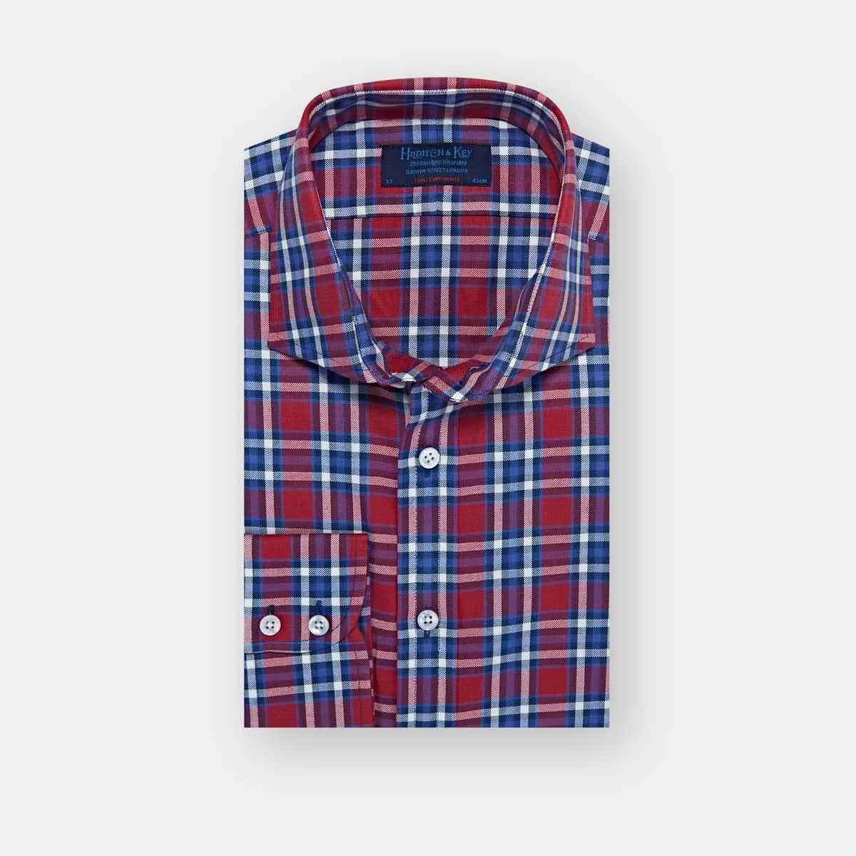 Contemporary Fit Red & White Check Oxford Cotton Shirt with Cut-away Collar & Two Button Cuff