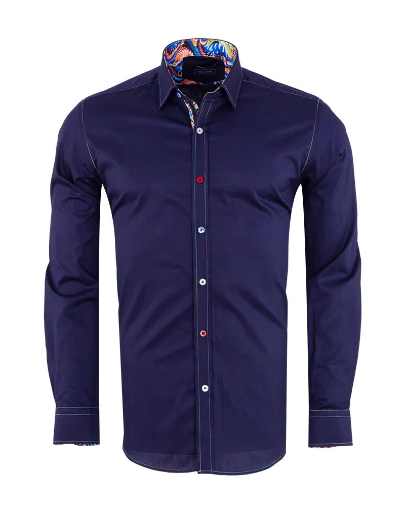 Dark Blue Plain Colourful Stitching & Button Pure Cotton Shirt