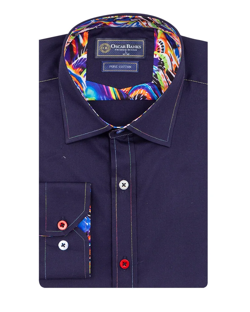 Dark Blue Plain Colourful Stitching & Button Pure Cotton Shirt