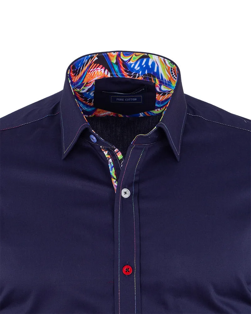 Dark Blue Plain Colourful Stitching & Button Pure Cotton Shirt