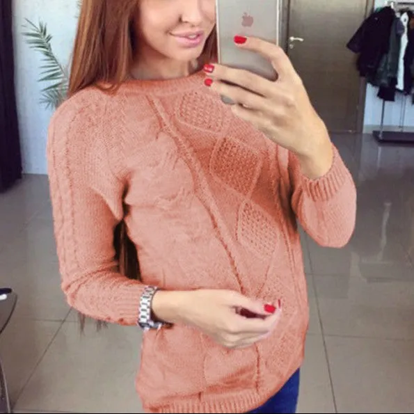 Diamond Twist Round Neck Long Sleeve Sweaters