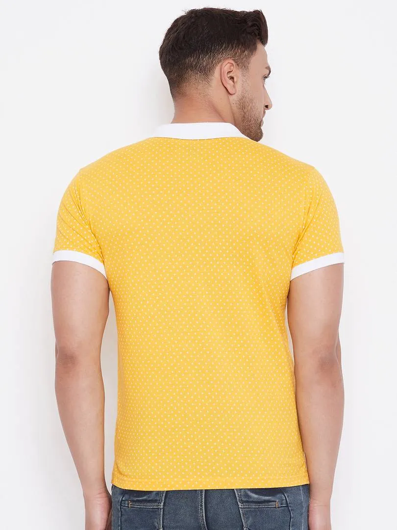 Elegant Yellow Cotton Blend Solid Polos For Men