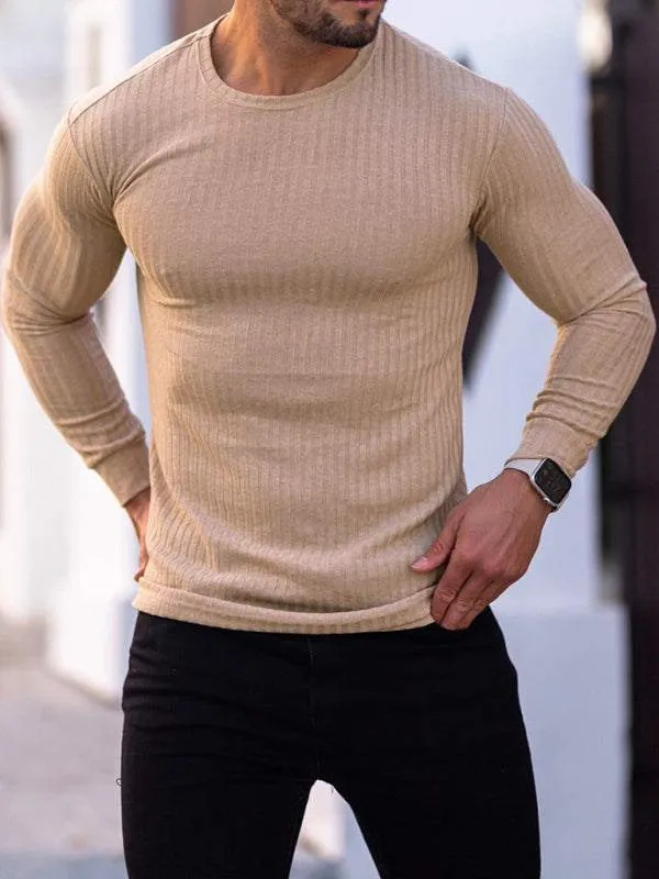 Fitness casual elastic vertical stripe round neck long-sleeved T-shirt