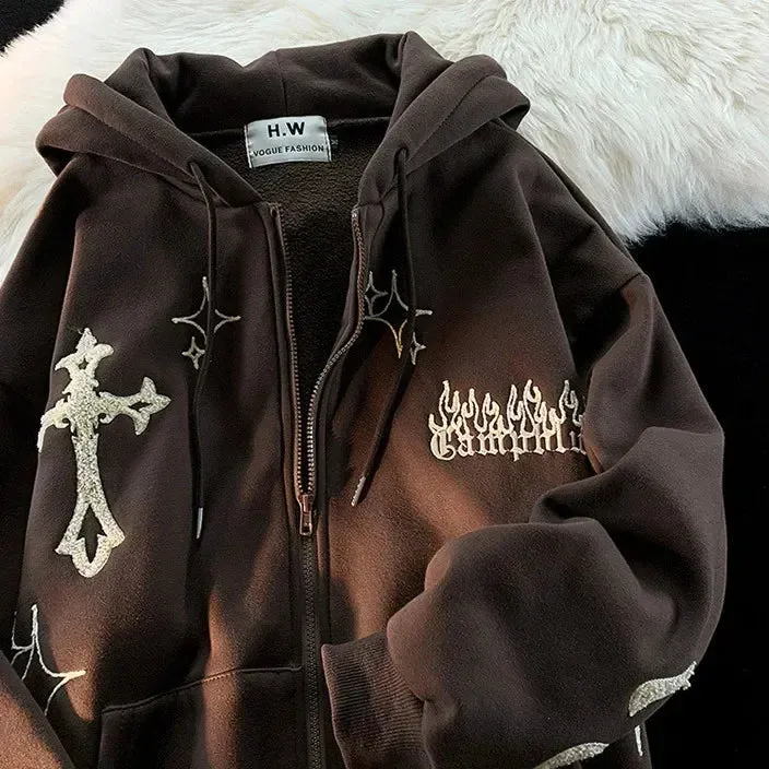 Gothic Hip Hop Stylish Embroidery Zip-Up Hoodie