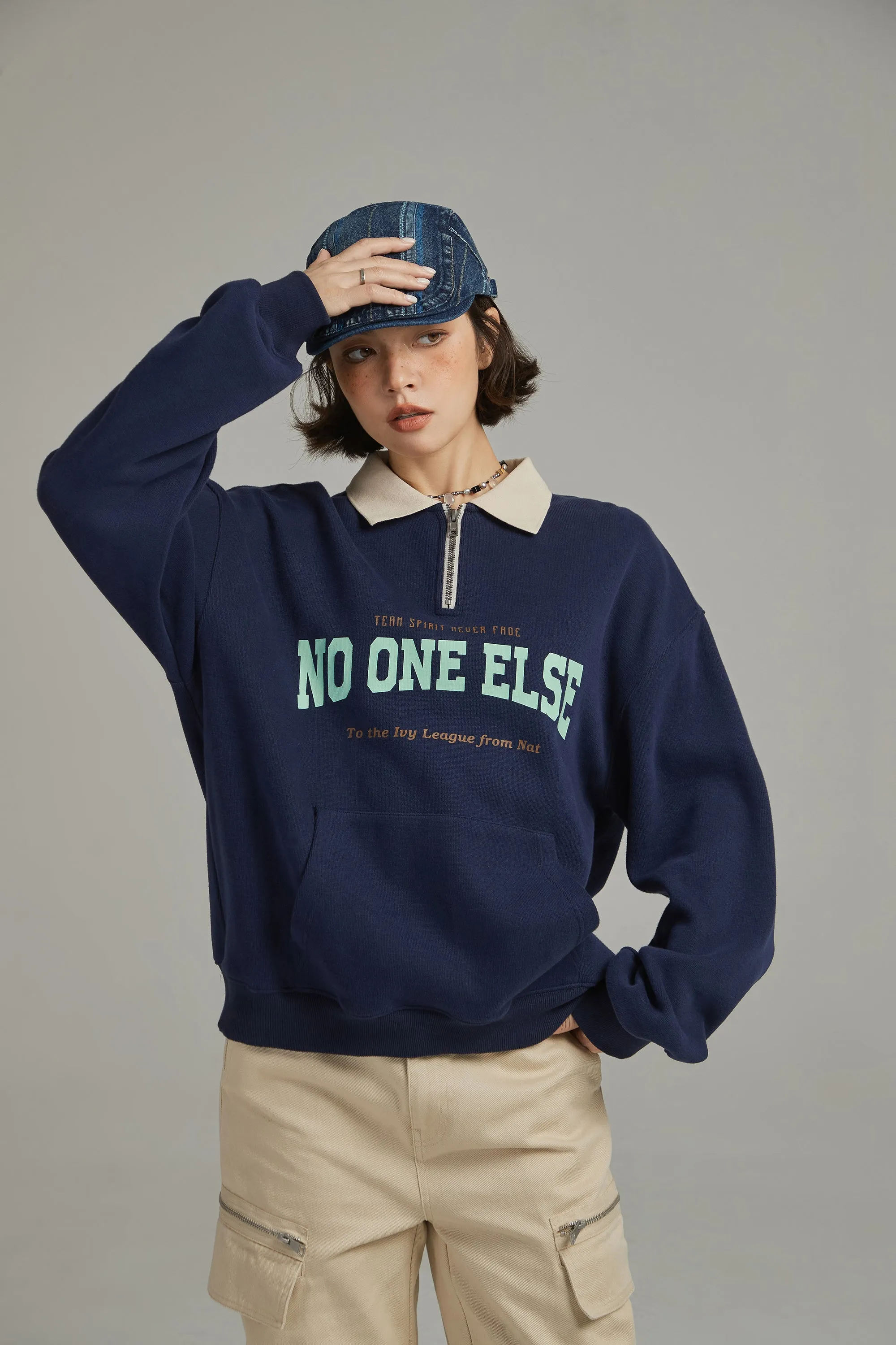 Half Zip-Up Logo Varsity Sweatshirt