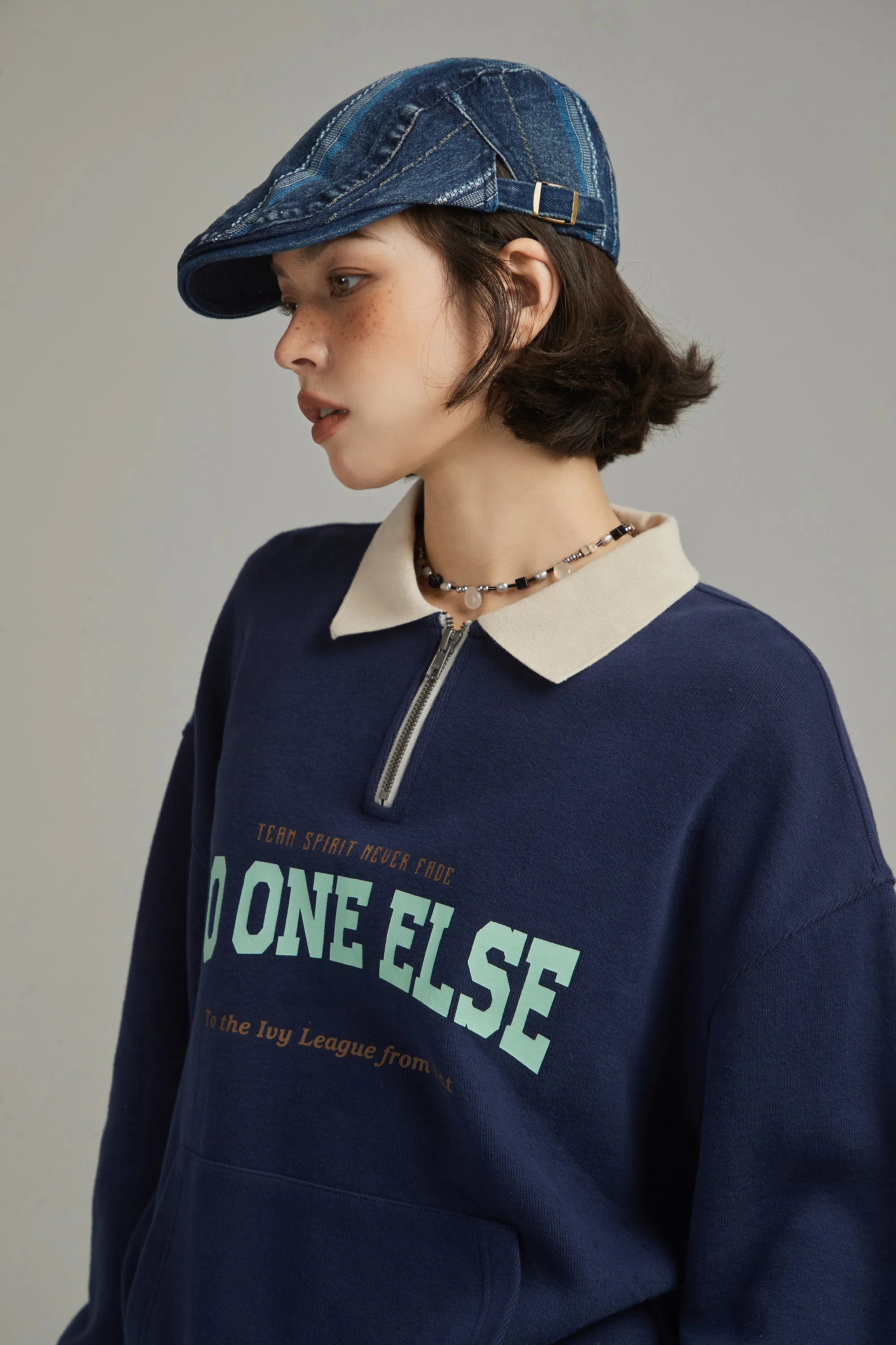 Half Zip-Up Logo Varsity Sweatshirt