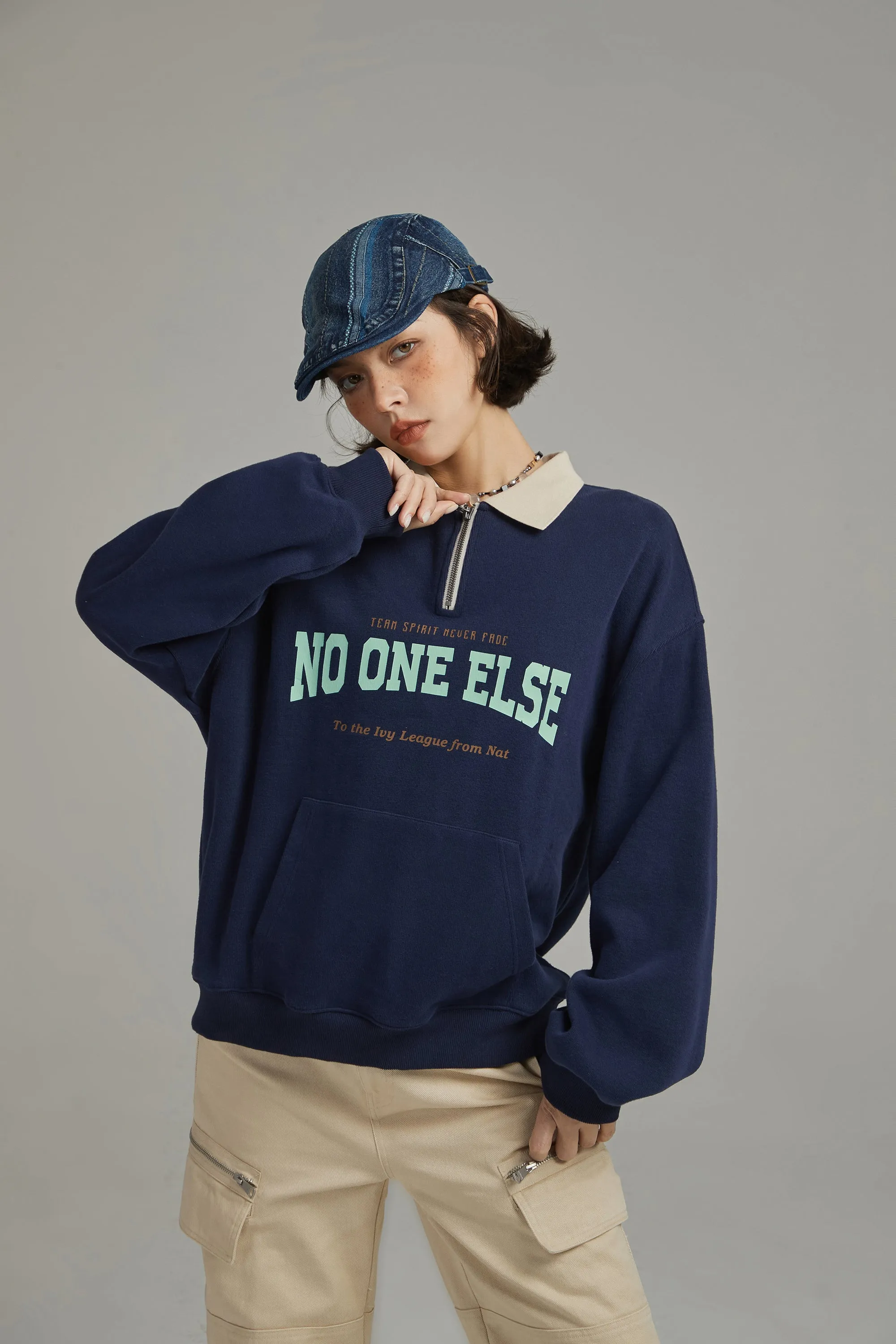 Half Zip-Up Logo Varsity Sweatshirt