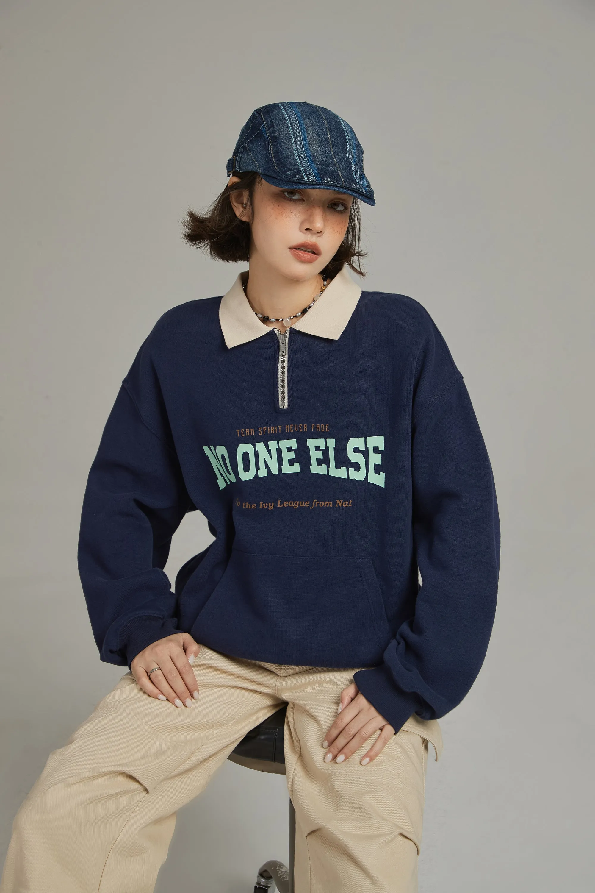 Half Zip-Up Logo Varsity Sweatshirt