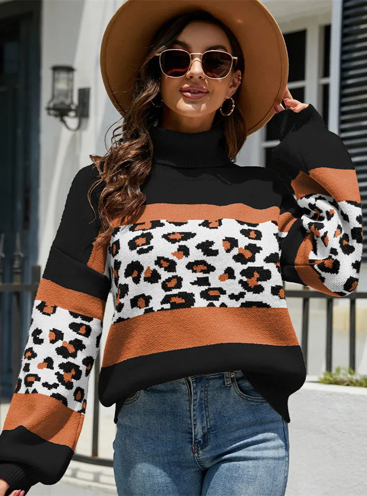 High Collared Leopard Print Lantern Sleeve Sweater