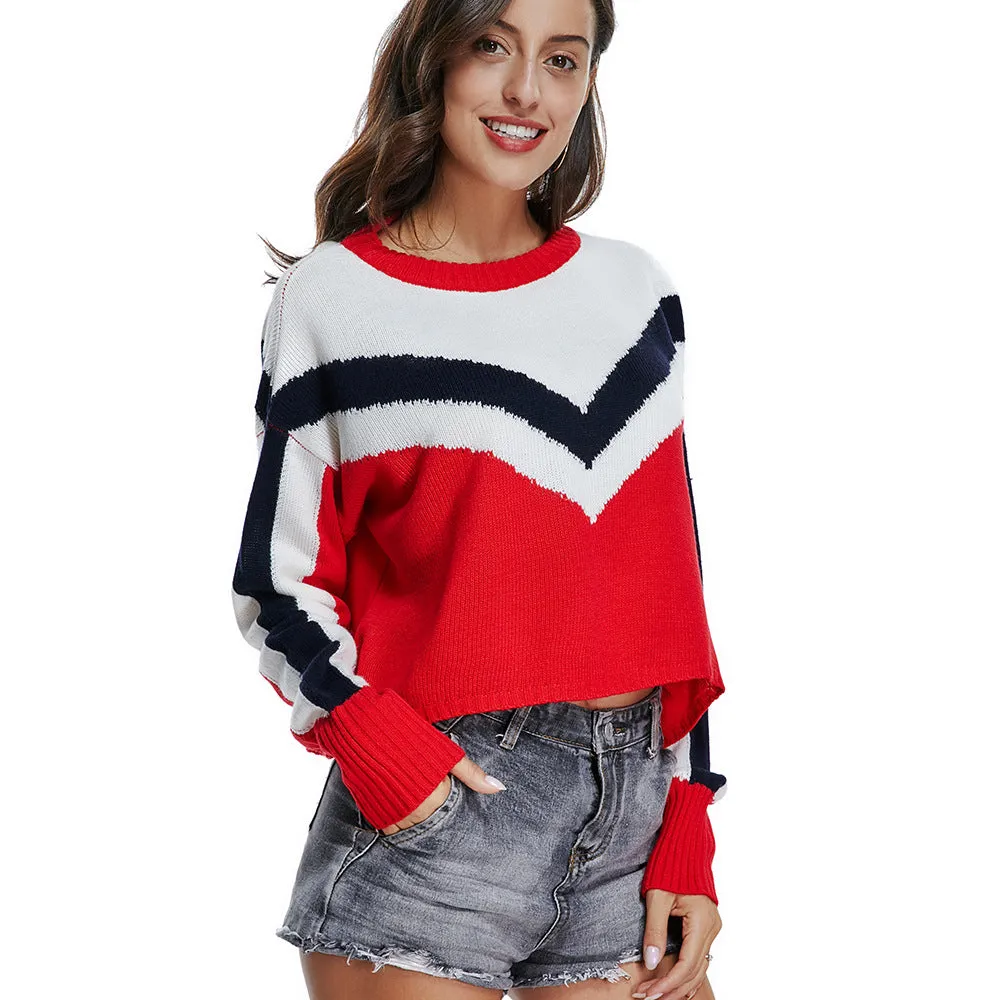 Hit Color Round Neck Long Sleeve Sweaters