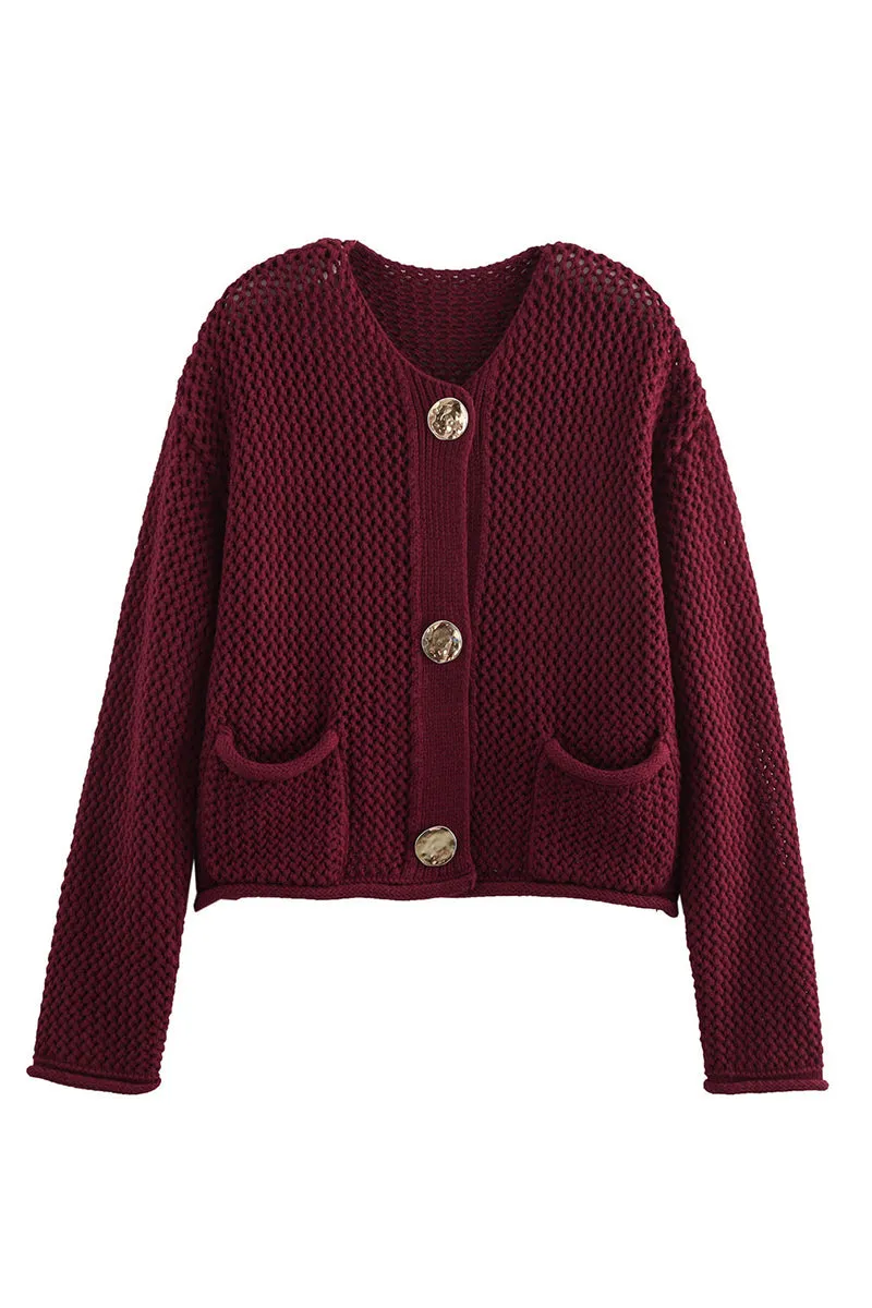 HWT1110 Chunky Knit Cardigan with Statement Buttons