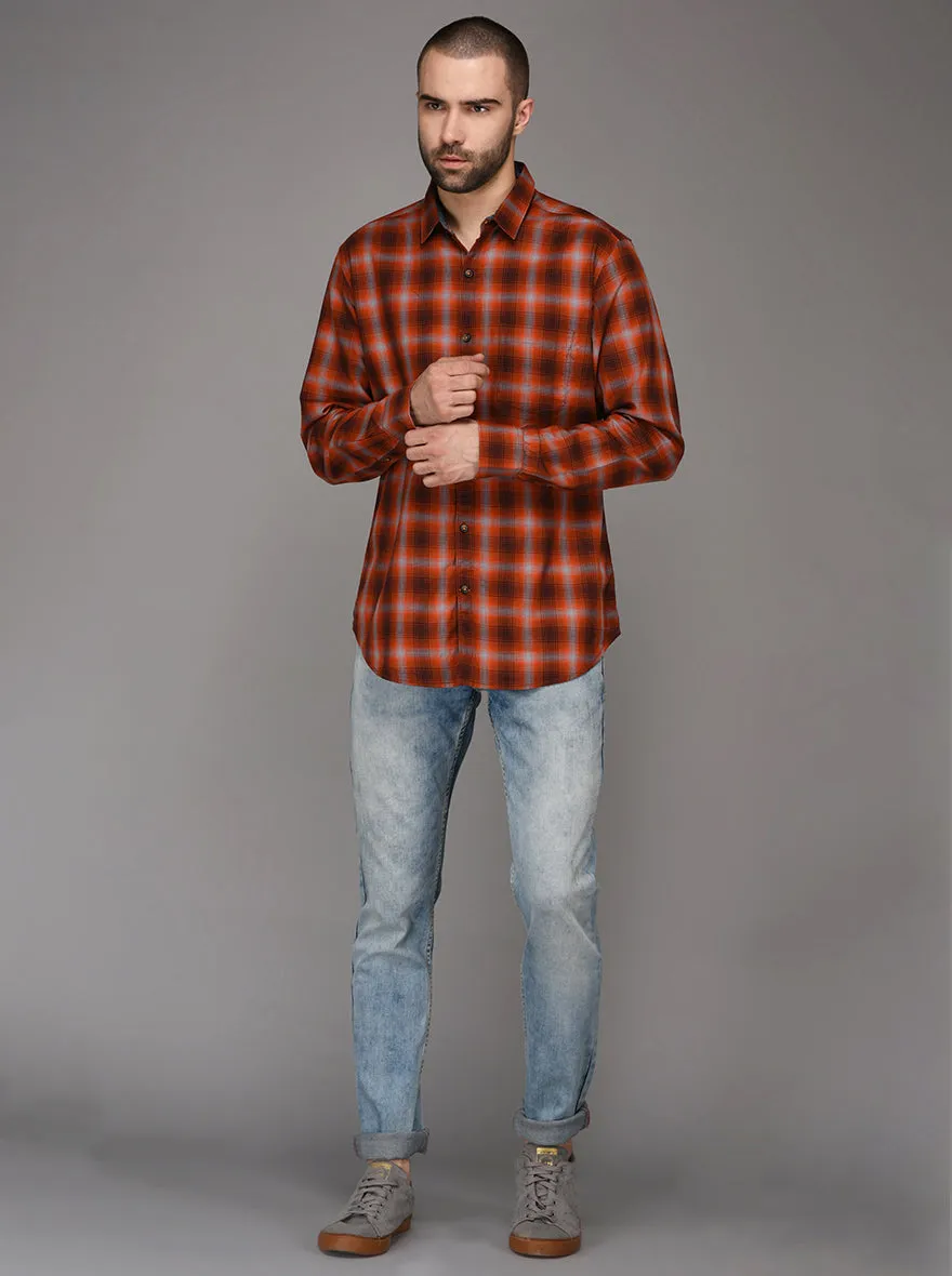 JadeBlue Orange Checked Slim Fit Casual Shirt | JadeBlue