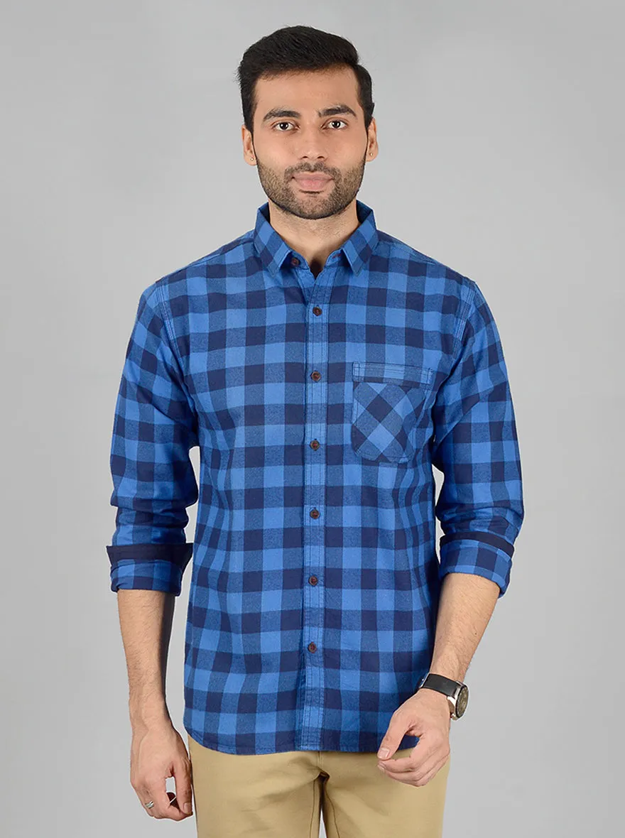 Light Blue & Dark Blue Checked Slim Fit Casual Shirt | Greenfibre