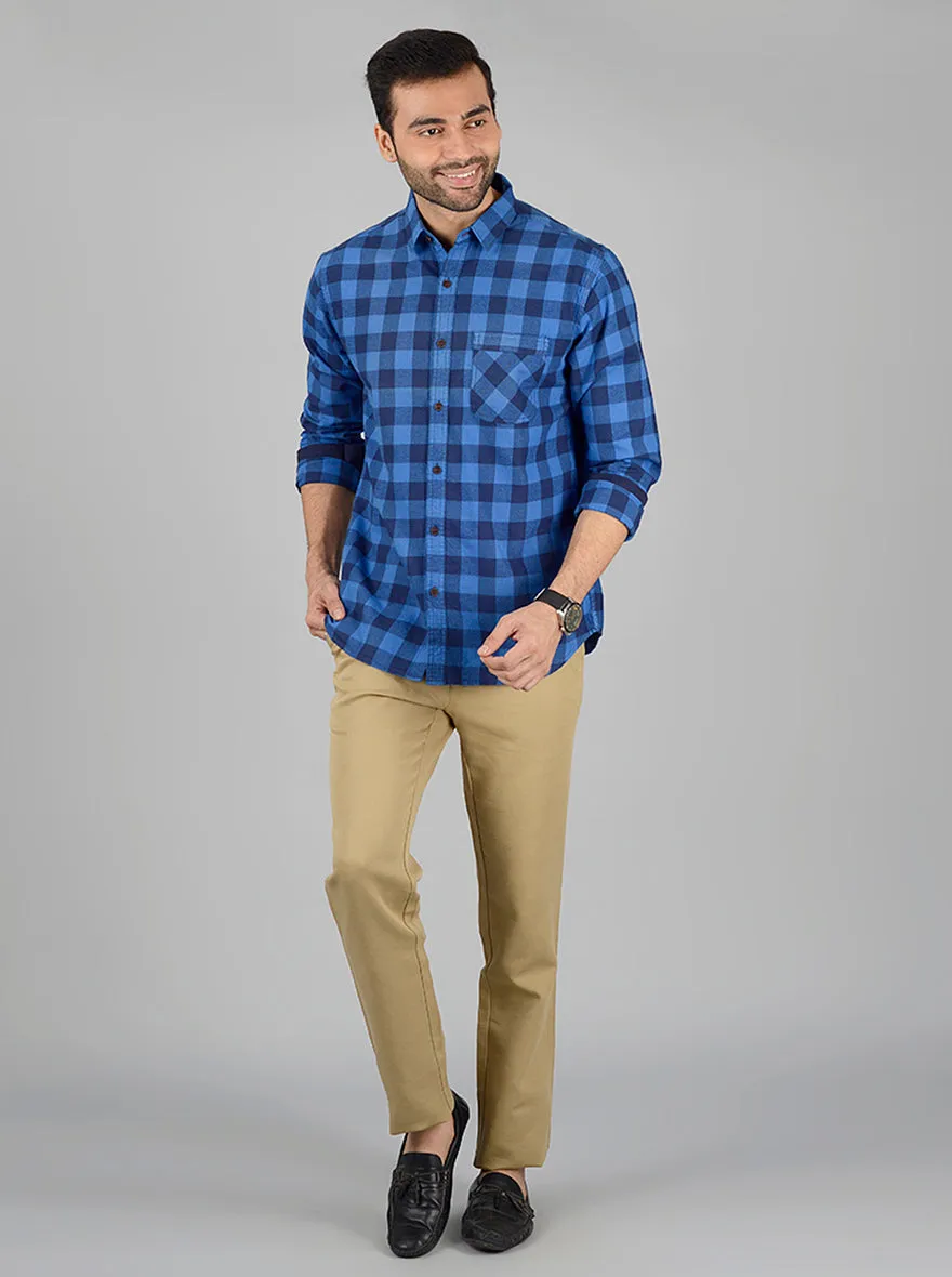 Light Blue & Dark Blue Checked Slim Fit Casual Shirt | Greenfibre