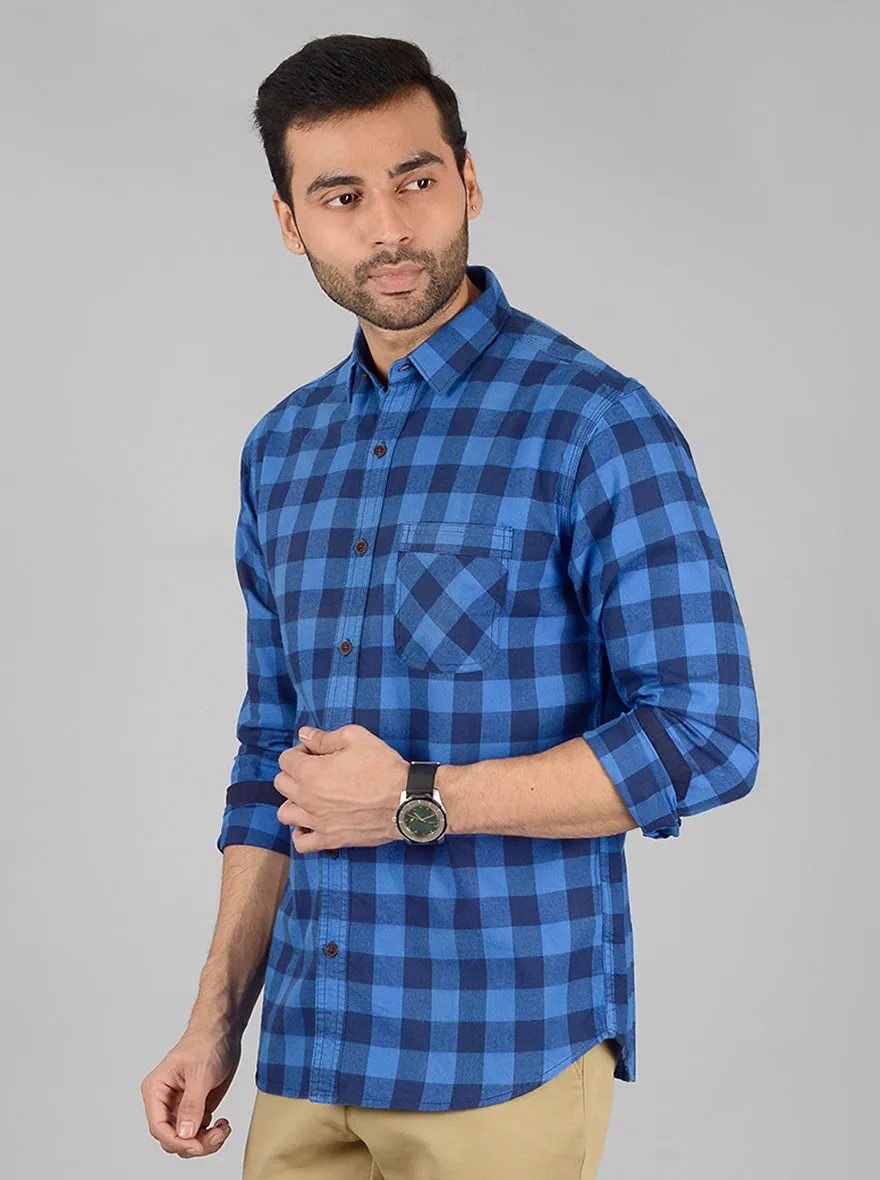 Light Blue & Dark Blue Checked Slim Fit Casual Shirt | Greenfibre