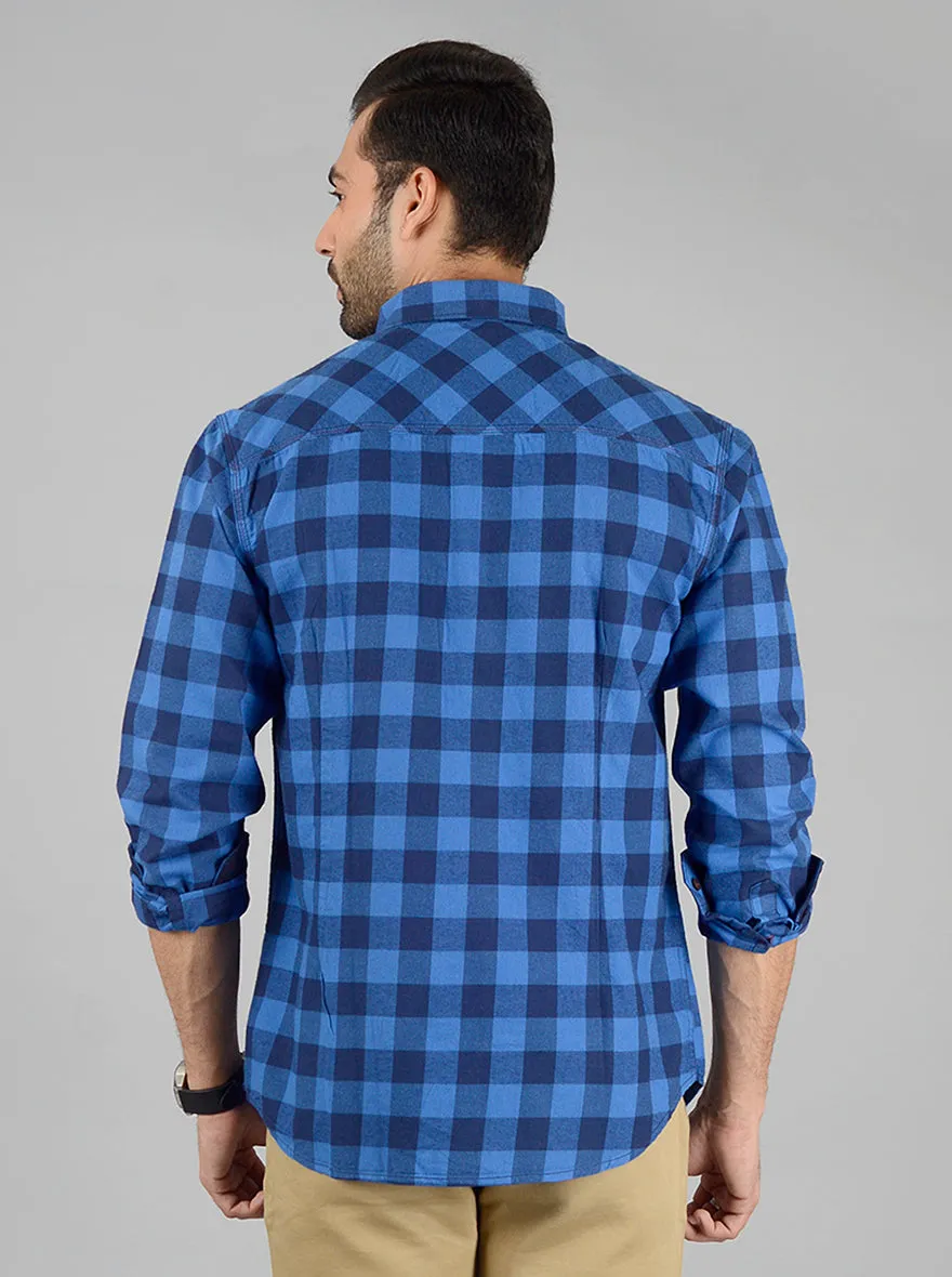 Light Blue & Dark Blue Checked Slim Fit Casual Shirt | Greenfibre