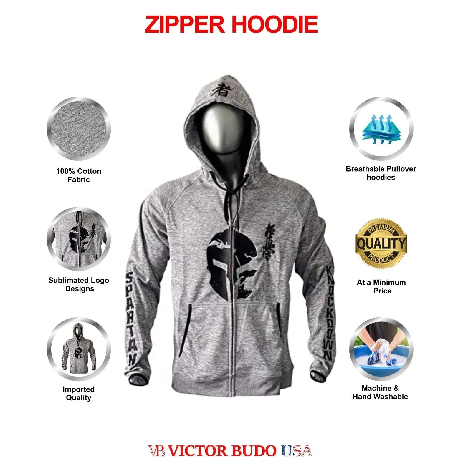 MEN KYOKUSHIN SPARTAN FULL ZIPPER HOODIE GREY COLOR