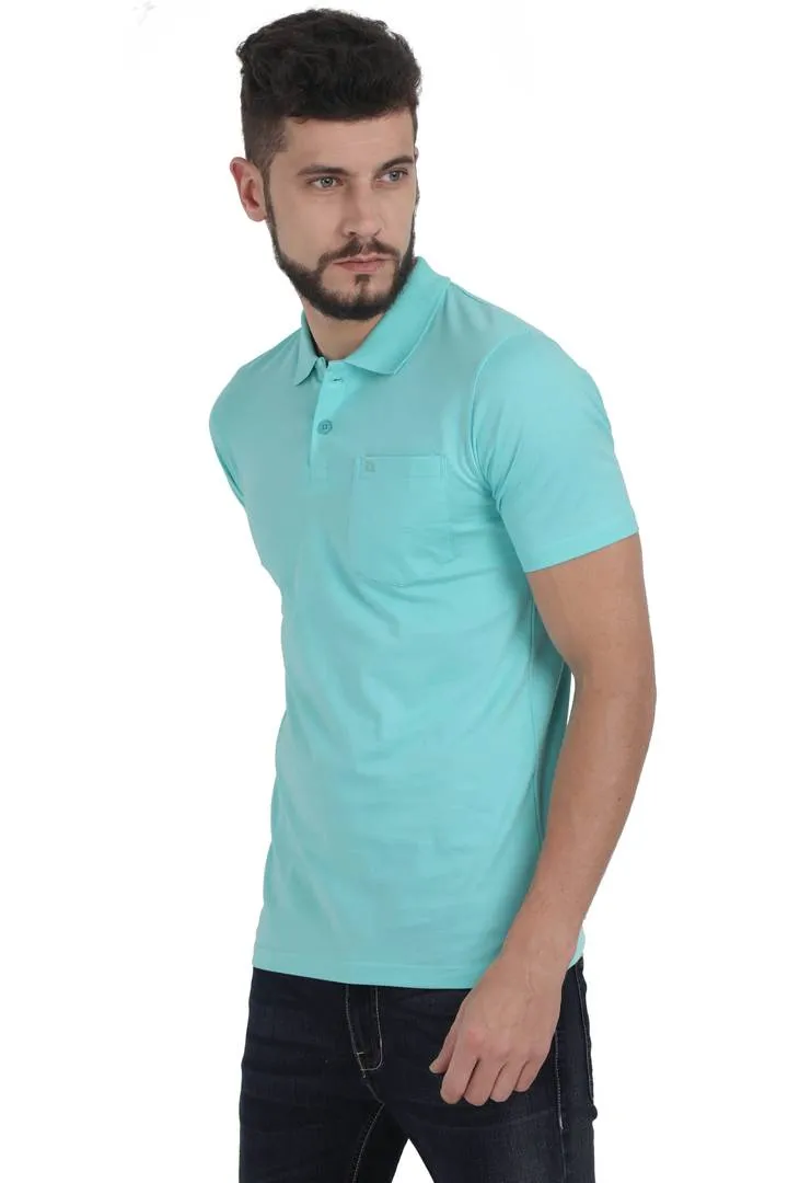 Men Turquoise Solid Cotton Polo T-shirt