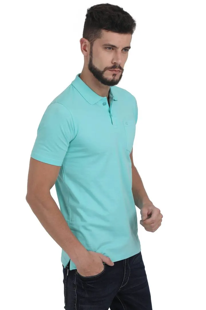 Men Turquoise Solid Cotton Polo T-shirt