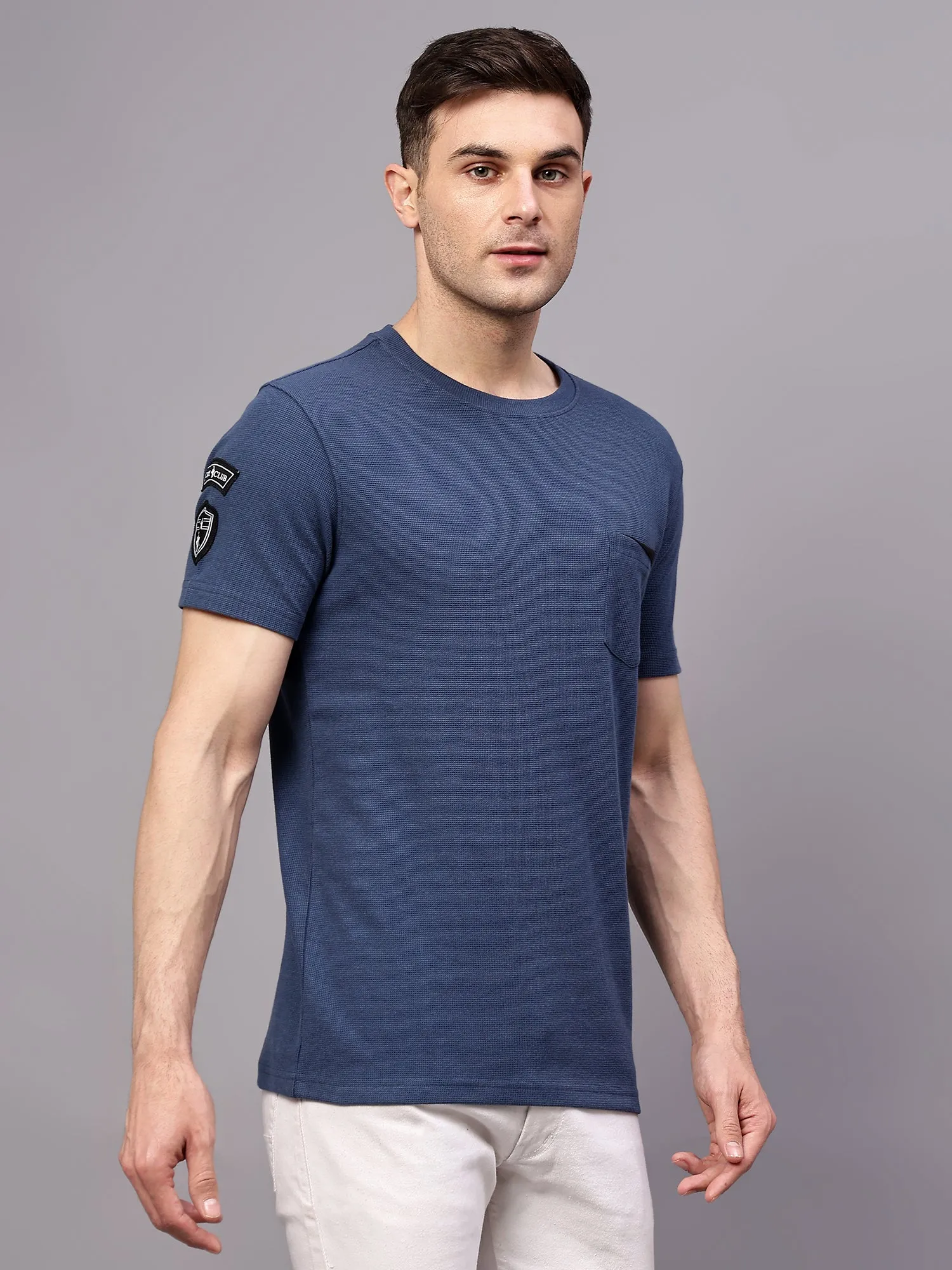 Men's Airforce Blue Round neck Half Sleeve T-Shirt with chest pocket