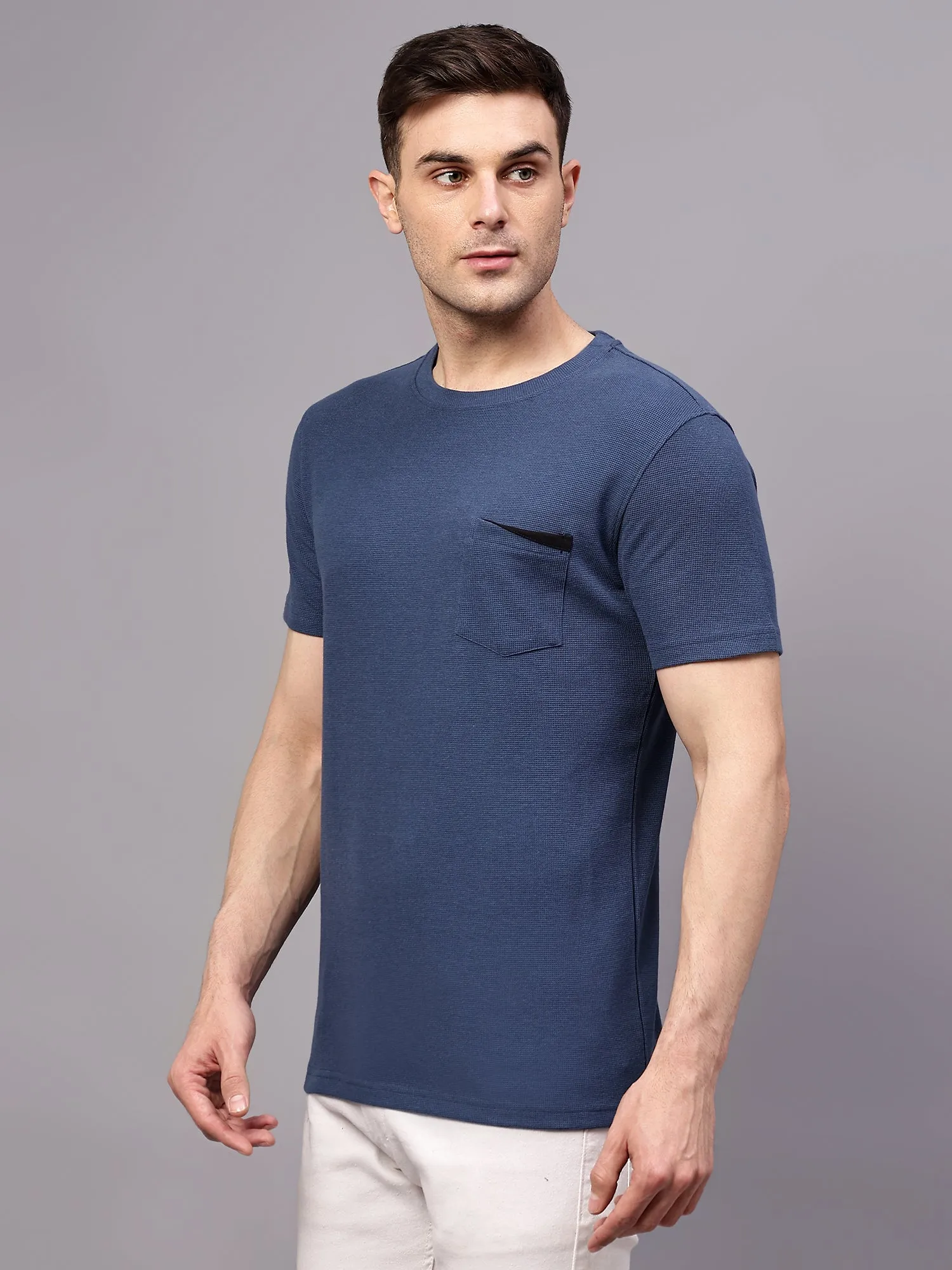 Men's Airforce Blue Round neck Half Sleeve T-Shirt with chest pocket