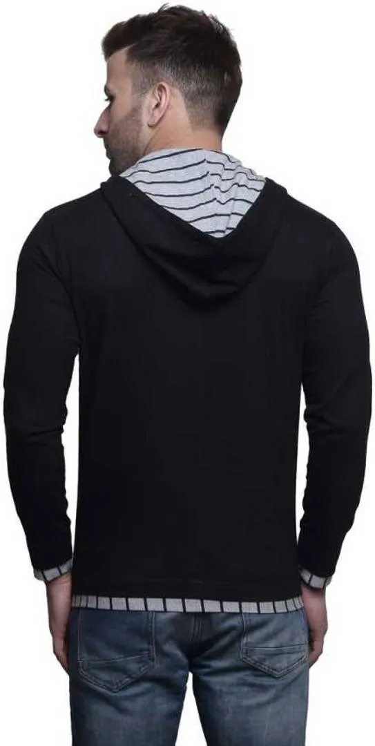 Men's Black Cotton Solid Hooded Tees