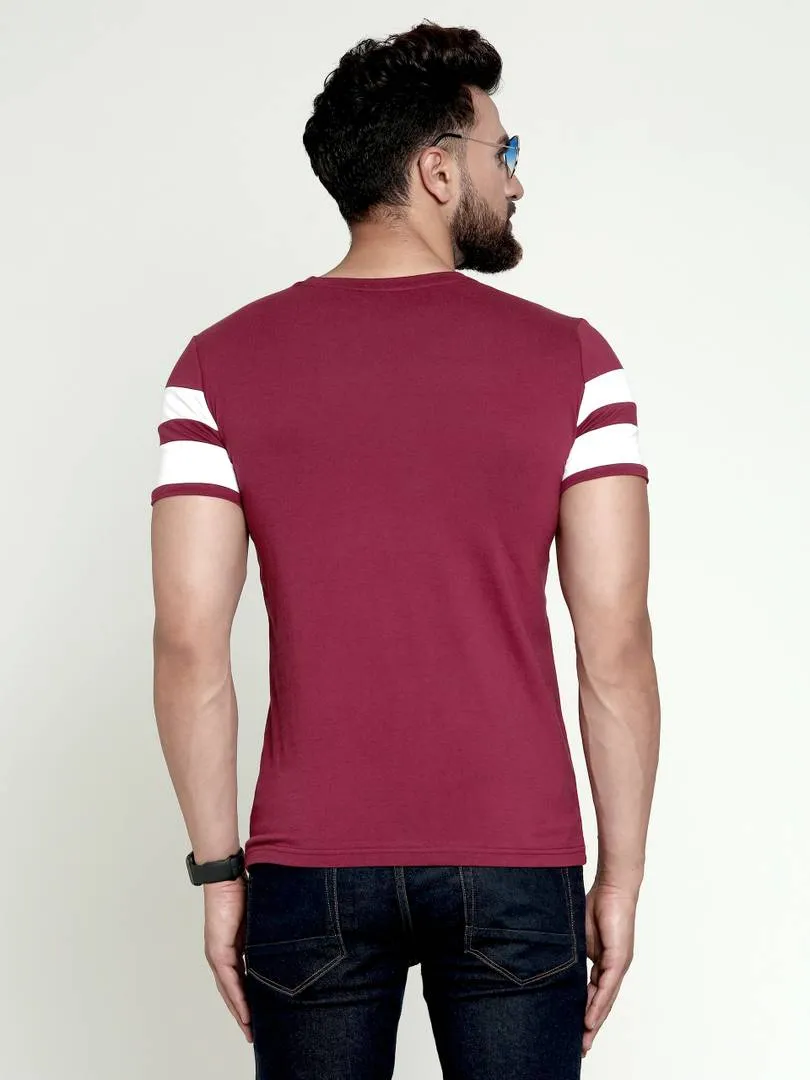 Men's Red Cotton Blend Striped Round Neck Tees