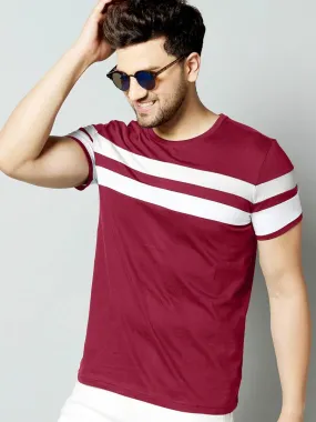 Men's Red Cotton Blend Striped Round Neck Tees