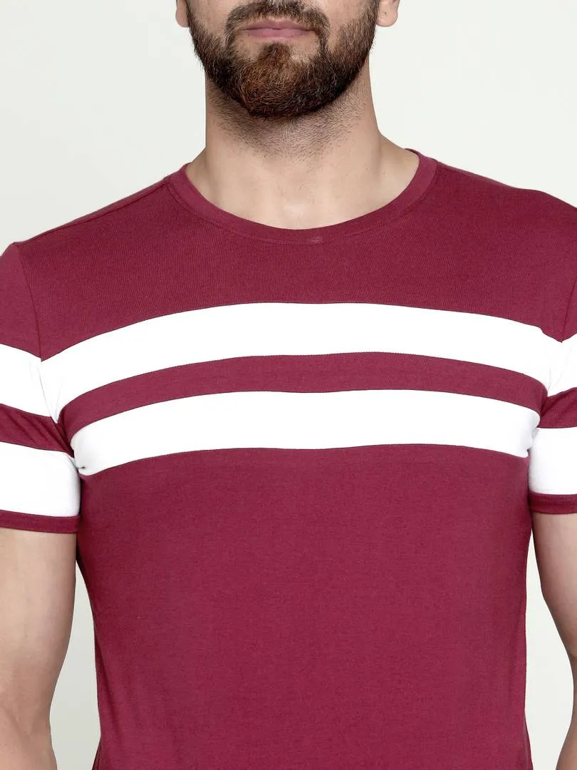 Men's Red Cotton Blend Striped Round Neck Tees