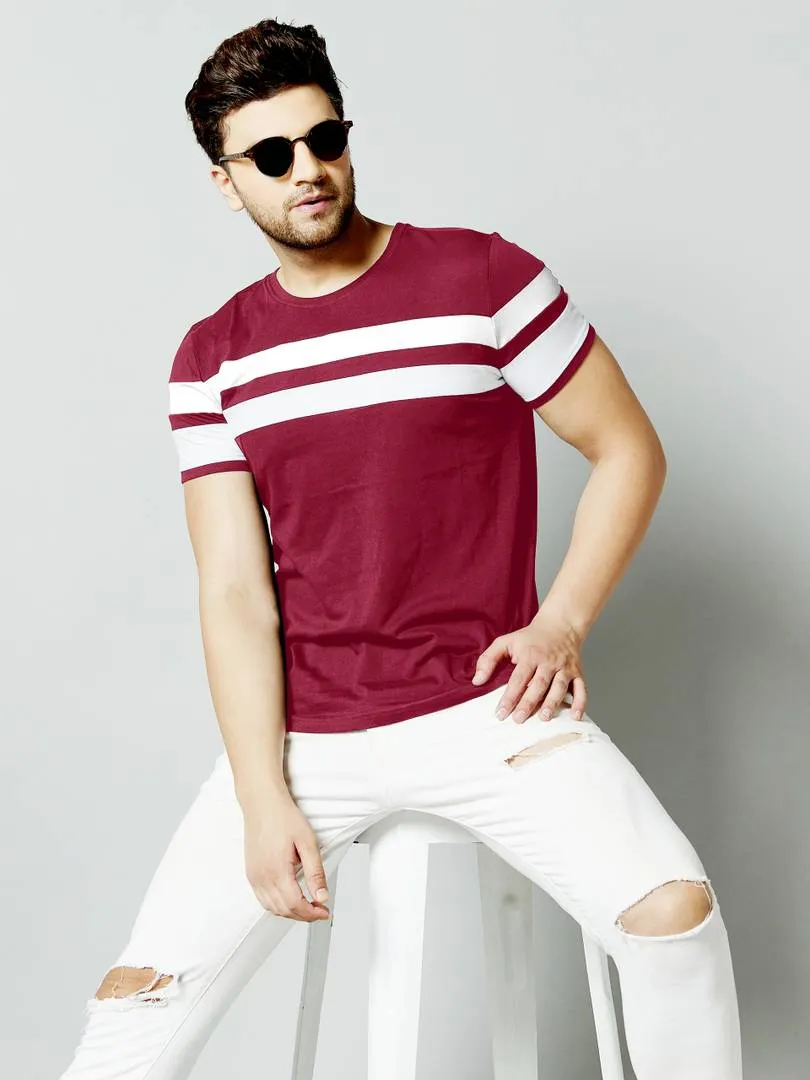 Men's Red Cotton Blend Striped Round Neck Tees