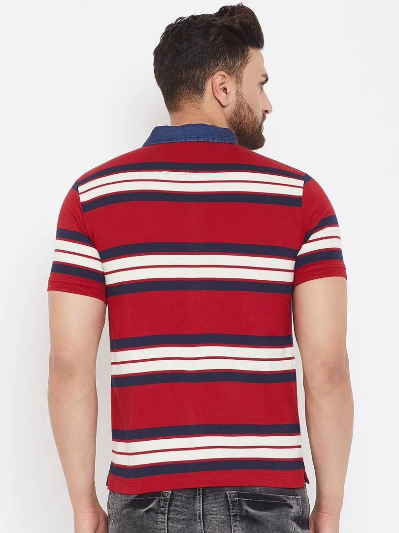 Men's Red Cotton Striped Polos