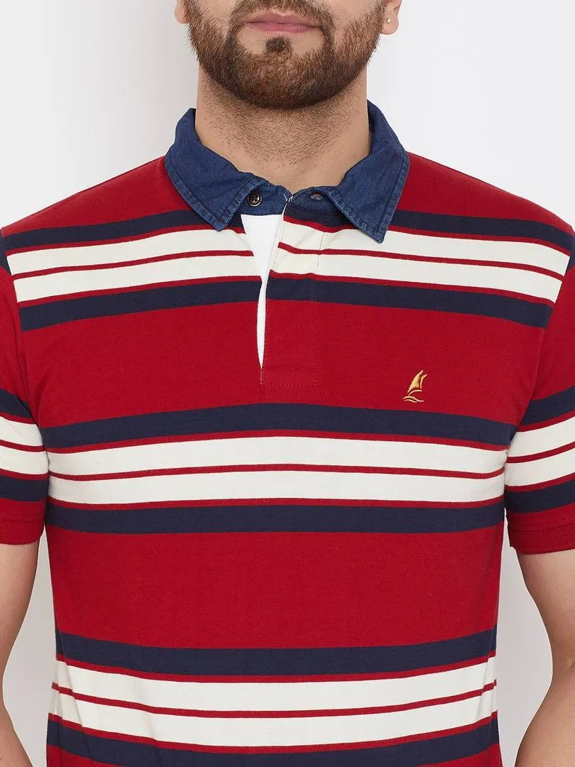 Men's Red Cotton Striped Polos